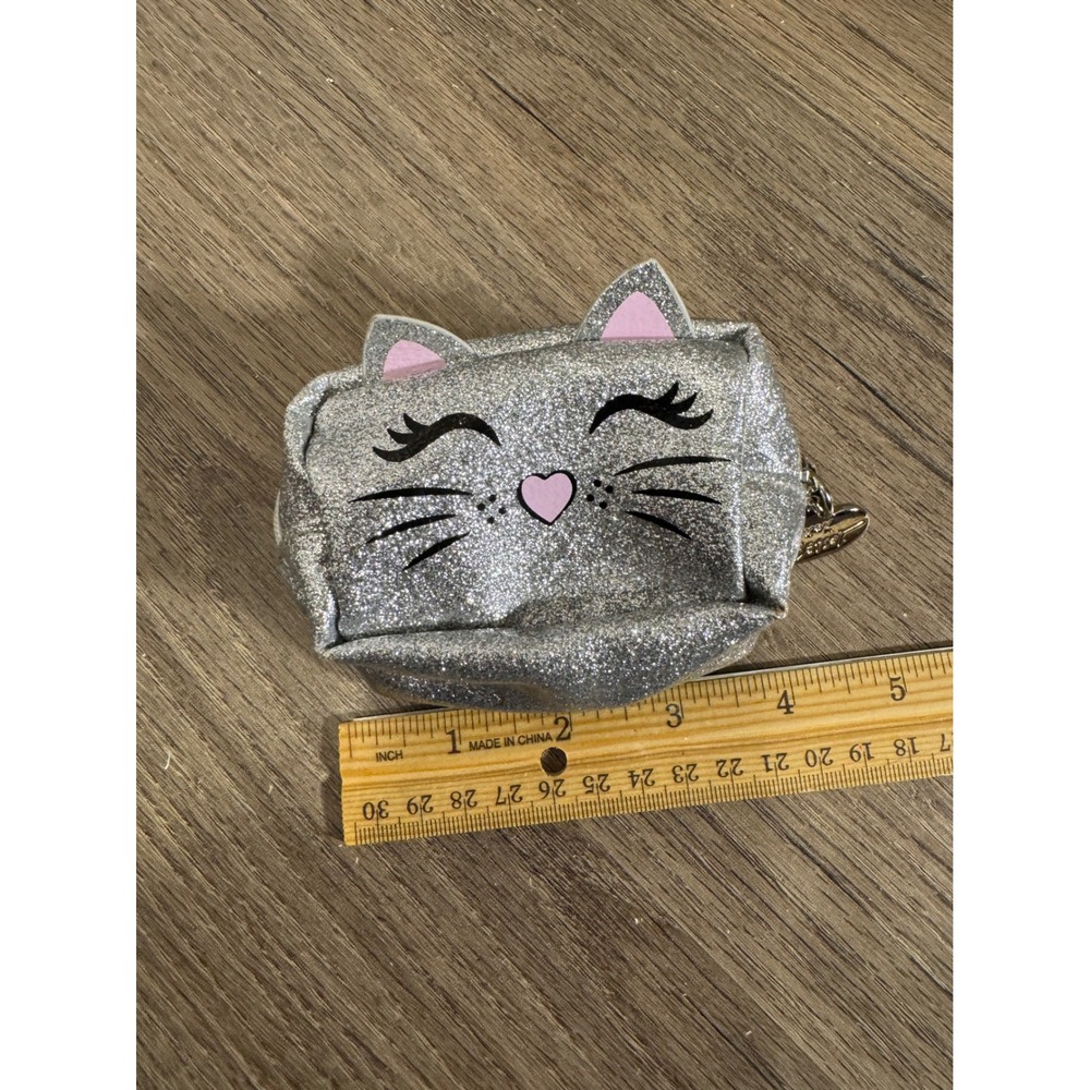 Betsey Johnson Glitter‎ Cat Face Coin Purse Pouch Keychain Silver